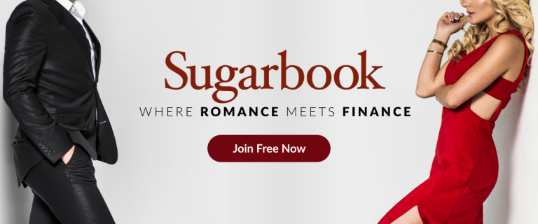 Elegant man and woman facing each other with Sugarbook logo and Join Free Now call to action, representing global sugar dating platform