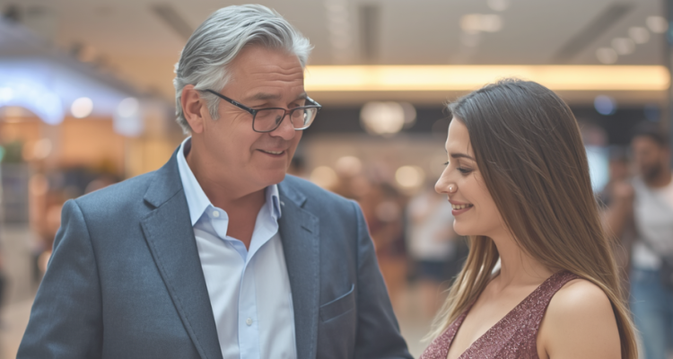 Two adults in a mall chatting and smiling, the man wearing glasses and a suit.