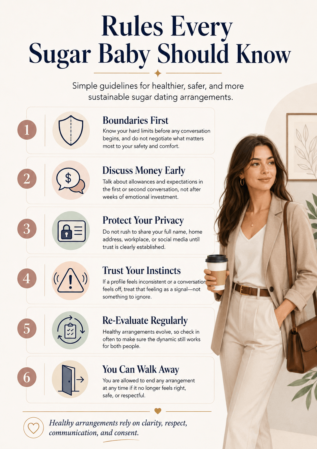 Poster titled 'Rules Every Sugar Baby Should Know' listing six tips with icons beside a woman with coffee at the right side of the frame.