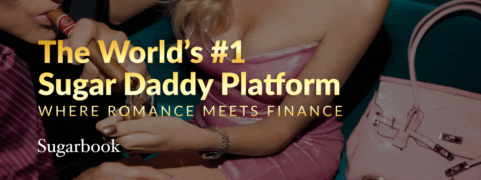 Sugar baby lighting cigar for sugar daddy with luxury handbag, overlaid with text claiming Sugarbook as the world’s #1 sugar daddy platform