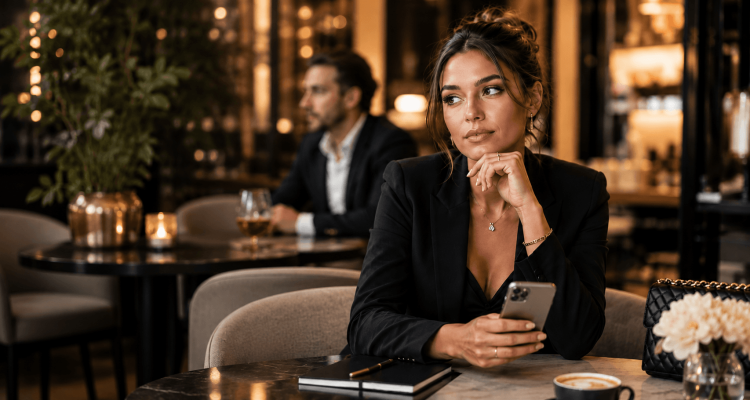 Woman in a black blazer sits at a table in a cafe, holding a phone and gazing thoughtfully, with a man blurred in the background.