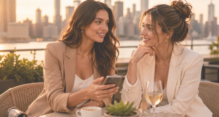 Steps to Finding a Sugar Daddy in the US › Sugarbook | The #1 Sugar Daddy & Sugar Baby Dating website to meet Sugar Daddies & Sugar Babies. Build relationships, discuss allowances and get paid instantly. Two women in light blazers chat and smile at a rooftop cafe during sunset, with city skyline behind them.