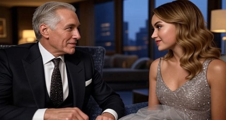 Sugar daddy in suit and sugar baby in evening dress sharing a private moment in a luxury setting