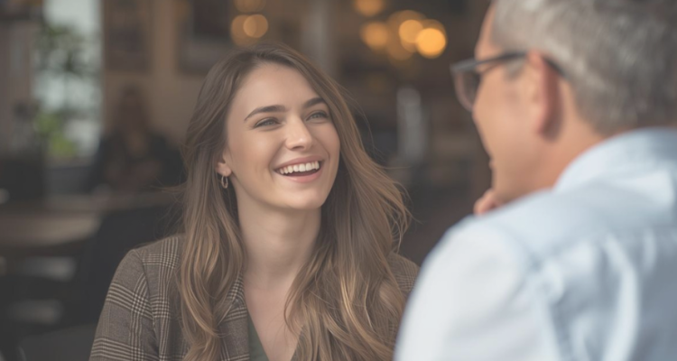 What a Sugar Baby Relationship Looks Like in the US - 1 › Sugarbook | The #1 Sugar Daddy & Sugar Baby Dating website to meet Sugar Daddies & Sugar Babies. Build relationships, discuss allowances and get paid instantly. Young woman with long hair smiling during a conversation with a man in a cafe.