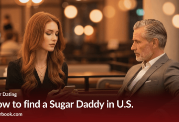 Attractive young woman and mature sugar daddy discussing sugar dating arrangements in a luxurious lounge, illustrating how to find a sugar daddy in the U.S.