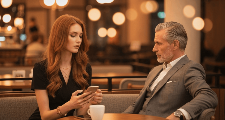 Attractive sugar baby showing her phone to a distinguished sugar daddy during a luxurious date night in an upscale lounge, US