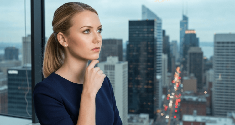 Young sugar baby looking thoughtful by a city window in the USA, considering sugar dating opportunities with potential sugar daddies.