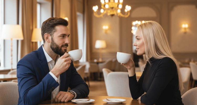 Sugar daddy and sugar baby enjoying coffee together in a classy cafe in the USA, discussing sugar dating relationship expectations.