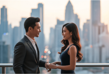Elegant couple on a city balcony smiling at each other, symbolizing Sugar Daddy and Sugar Baby dating on Sugarbook
