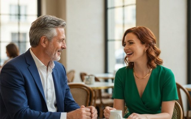 Successful U.S. Sugar Daddy enjoying a coffee date with a stylish Sugar Baby in 2025