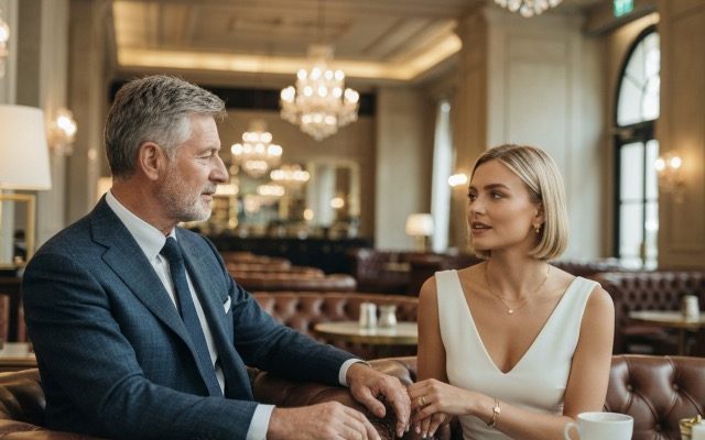 Older successful Sugar Daddy having coffee with elegant Sugar Baby in a luxury U.S. setting
