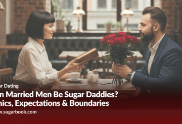A married man gives roses to a young woman during a date, symbolizing the ethics and boundaries of sugar dating relationships.