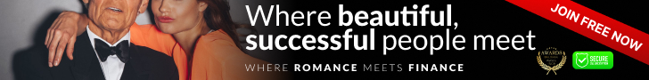 Luxury sugar dating banner showing an elegant sugar daddy with a young sugar baby, tagline “Where beautiful, successful people meet.”