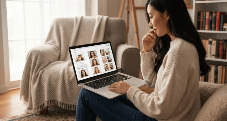 A young woman sitting at home browsing profiles on her laptop, representing a sugar baby exploring online sugar dating platforms in 2025.