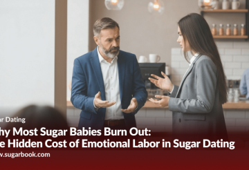 A Sugar Daddy and Sugar Baby having a serious conversation about emotional burnout in modern sugar dating