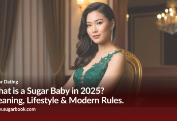 Elegant sugar baby posing confidently in an evening gown, representing the modern sugar dating lifestyle in 2025.