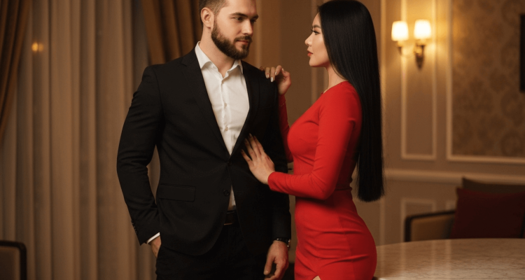 A confident man in a black suit and an elegant woman in a red dress standing close together in a luxury room, symbolizing a sugar daddy and sugar baby on a classy date night.
