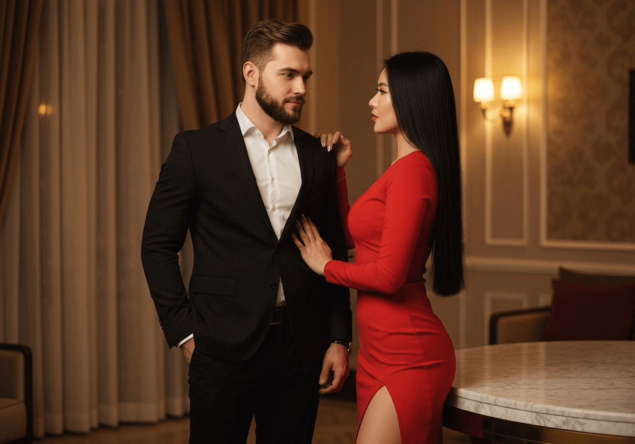 A confident man in a black suit and an elegant woman in a red dress standing close together in a luxury room, symbolizing a sugar daddy and sugar baby on a classy date night.
