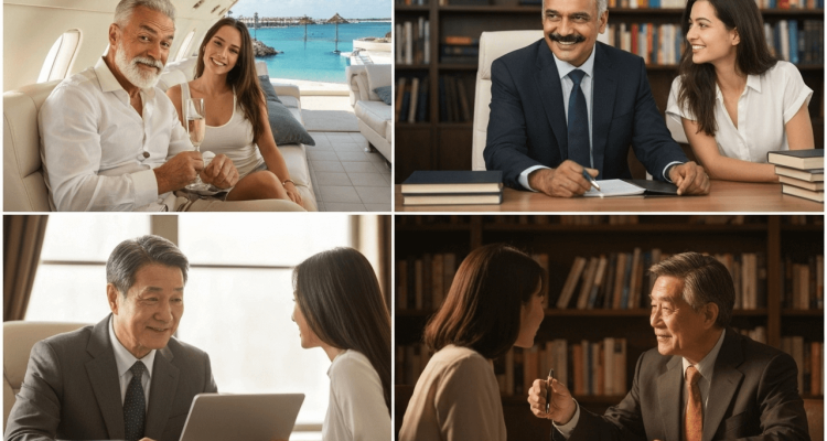 Four different sugar daddy and sugar baby pairs in luxury and professional settings, showing various relationship types and lifestyles in 2025.