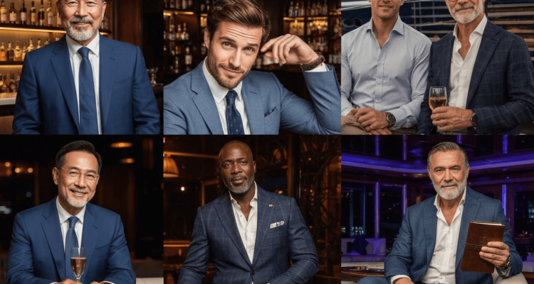 A collage of six confident, well-dressed men in luxury settings representing different types of successful sugar daddies in 2025.