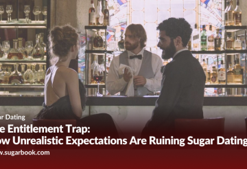 A man and woman sit at a bar having a serious conversation, reflecting the growing entitlement issues and unrealistic expectations in modern sugar dating.