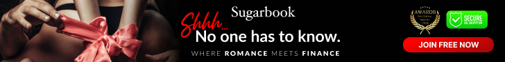 Sugarbook discreet dating banner showing sensual red ribbon tie with tagline “Shhh… No one has to know.”