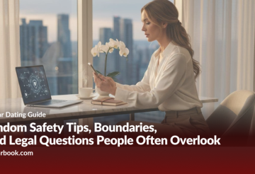 Hero image of a woman in a white blouse at a desk by a window, looking at her phone with a laptop nearby; city skyline behind.