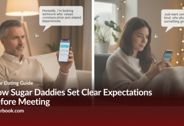 Split-screen: a man and a woman sit on couches looking at smartphones, with speech bubbles about honest communication before meeting (article cover on sugar dating).