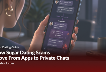 Smartphone displaying private chat messages; article title reads 'How Sugar Dating Scams Move From Apps to Private Chats' with site name sugarbook.com overlayed on a dark banner.