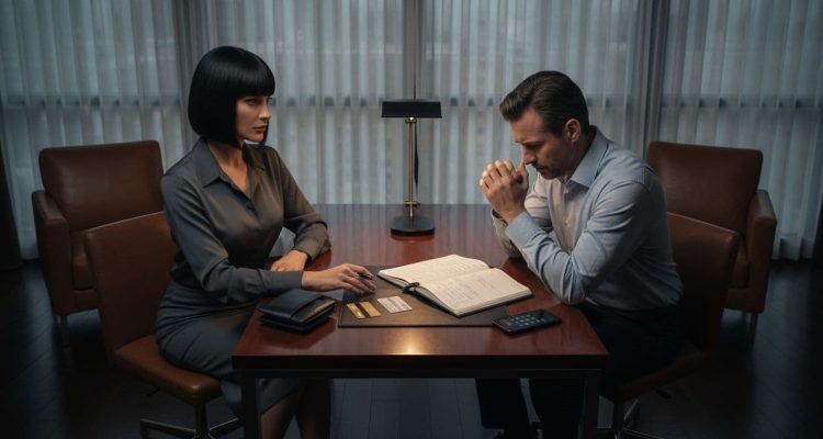 psychological-financial-standoff-luxury-apartment › Sugarbook | The #1 Sugar Daddy & Sugar Baby Dating website to meet Sugar Daddies & Sugar Babies. Build relationships, discuss allowances and get paid instantly. Two professionals sit across from each other at a wooden table, reviewing documents under a small desk lamp.