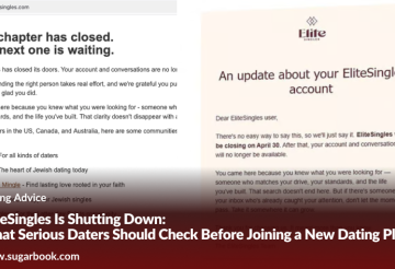 Side-by-side screenshots: left is an EliteSingles account closure notice with headline “This chapter has closed. Your next one is waiting.”, right is an update page labeled “An update about your EliteSingles account” with the EliteSingles logo; a dark overlay at the bottom shows a dating-advice article title from sugarbook.com.