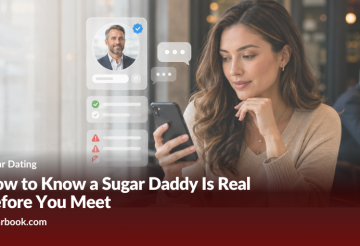 Woman in a cafe gazes at her smartphone with floating profile cards and chat icons, accompanying an article about verifying a sugar daddy's authenticity.