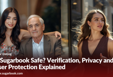 Informational banner about Sugarbook safety: a couple indoors left and a woman outdoors right with the article title visible.