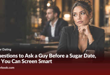 Thoughtful woman in a black blazer at a bar, looking to the side, with a blurred man in the background — header image for a sugar dating article.