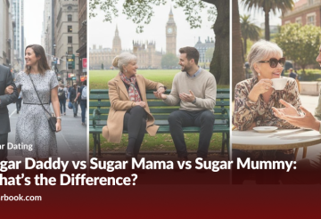 Collage for a sugar dating article: three scenes of older and younger couples in a city street, park bench, and cafe; title reads 'Sugar Daddy vs Sugar Mama vs Sugar Mummy: What’s the Difference?'.