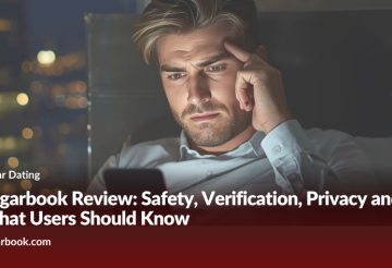 A man lying in bed at night looking at a smartphone, blurred city lights in the background with a red news banner reading 'Sugar Dating' and the article title 'Sugarbook Review: Safety, Verification, Privacy and What Users Should Know'