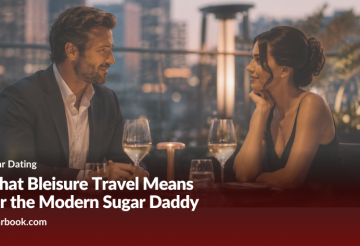 What Bleisure Travel Means for the Modern Sugar Daddy › Sugarbook | The #1 Sugar Daddy & Sugar Baby Dating website to meet Sugar Daddies & Sugar Babies. Build relationships, discuss allowances and get paid instantly. Couple on a rooftop dinner at dusk, wine glasses on the table, with a sugar dating article banner in the foreground.