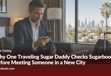 Why One Traveling Sugar Daddy Checks Sugarbook Before Meeting Someone in a New City › Sugarbook | The #1 Sugar Daddy & Sugar Baby Dating website to meet Sugar Daddies & Sugar Babies. Build relationships, discuss allowances and get paid instantly. Businessman in a navy suit sits on a hotel sofa, looking at his phone; luggage by the window with a city skyline; overlay text reads 'Sugar Dating' and the headline 'Why One Traveling Sugar Daddy Checks Sugarbook Before Meeting Someone in a New City'.