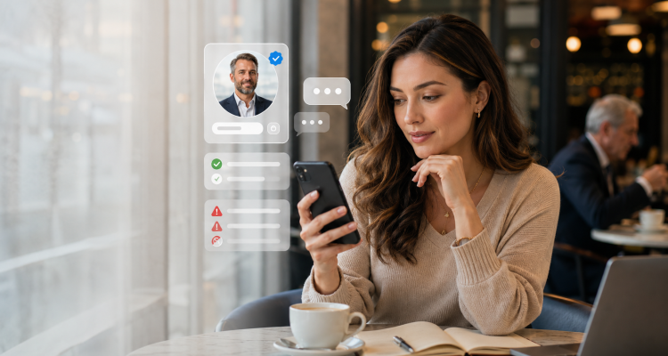 Woman in a cafe looks at her phone with a translucent floating profile card and chat bubbles in front of her.