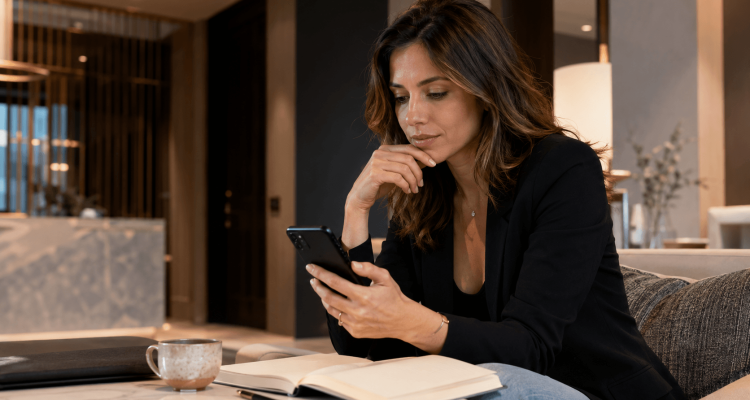 Woman in a black blazer sits on a sofa in a modern lounge, looking at her phone with a notebook and coffee cup nearby.
