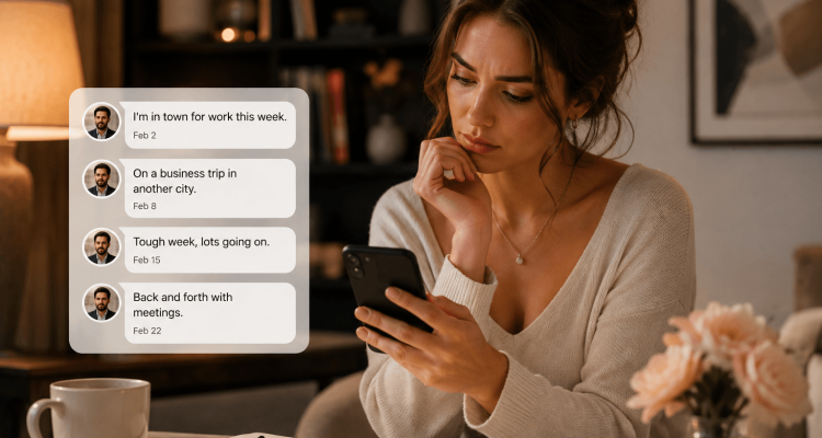 Have They Been Consistent Or Have the Stories Shifted › Sugarbook | The #1 Sugar Daddy & Sugar Baby Dating website to meet Sugar Daddies & Sugar Babies. Build relationships, discuss allowances and get paid instantly. Woman seated at a table, looking at her phone with a translucent chat panel on the left showing messages from a man about work trips.