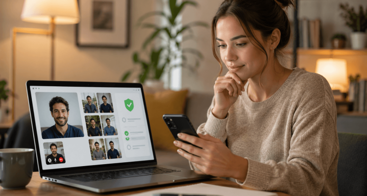 Have You Seen Enough to Feel Confident in Who They Are › Sugarbook | The #1 Sugar Daddy & Sugar Baby Dating website to meet Sugar Daddies & Sugar Babies. Build relationships, discuss allowances and get paid instantly. Woman sits at a table in a cozy home office, holding a smartphone while the laptop shows a video conference grid on screen.