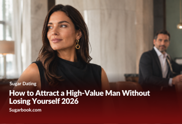 How to Attract a High-Value Man Without Losing Yourself 2026 › Sugarbook | The #1 Sugar Daddy & Sugar Baby Dating website to meet Sugar Daddies & Sugar Babies. Build relationships, discuss allowances and get paid instantly. Woman in a black sleeveless top seated in a chic lounge with a man at the bar in the background; overlay text shows a Sugar Dating article title.