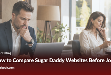 Professional man on a laptop and a woman with a smartphone in a bright lounge; hero image for an article about comparing sugar daddy websites.