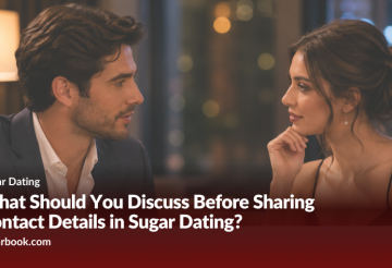 What Should You Discuss Before Sharing Contact Details in Sugar Dating › Sugarbook | The #1 Sugar Daddy & Sugar Baby Dating website to meet Sugar Daddies & Sugar Babies. Build relationships, discuss allowances and get paid instantly. Man and woman sit at a dimly lit table in a cafe, chatting; overlay text asks what to discuss before sharing contact details in sugar dating (sugarbook.com).