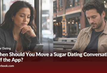 When Should You Move a Sugar Dating Conversation Off the App › Sugarbook | The #1 Sugar Daddy & Sugar Baby Dating website to meet Sugar Daddies & Sugar Babies. Build relationships, discuss allowances and get paid instantly. Two adults sit at a city cafe, looking at their phones as the article title reads: 'When Should You Move a Sugar Dating Conversation Off the App?' (Sugar Dating) — sugarbook.com in the corner.