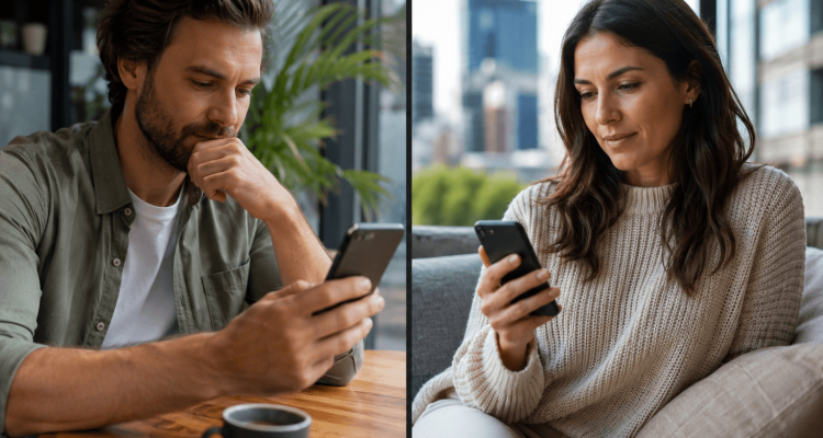 sugar daddy and sugar baby having a in app chating › Sugarbook | The #1 Sugar Daddy & Sugar Baby Dating website to meet Sugar Daddies & Sugar Babies. Build relationships, discuss allowances and get paid instantly. Split image of a man on the left and a woman on the right, both looking at their smartphones indoors with city views outside the windows.
