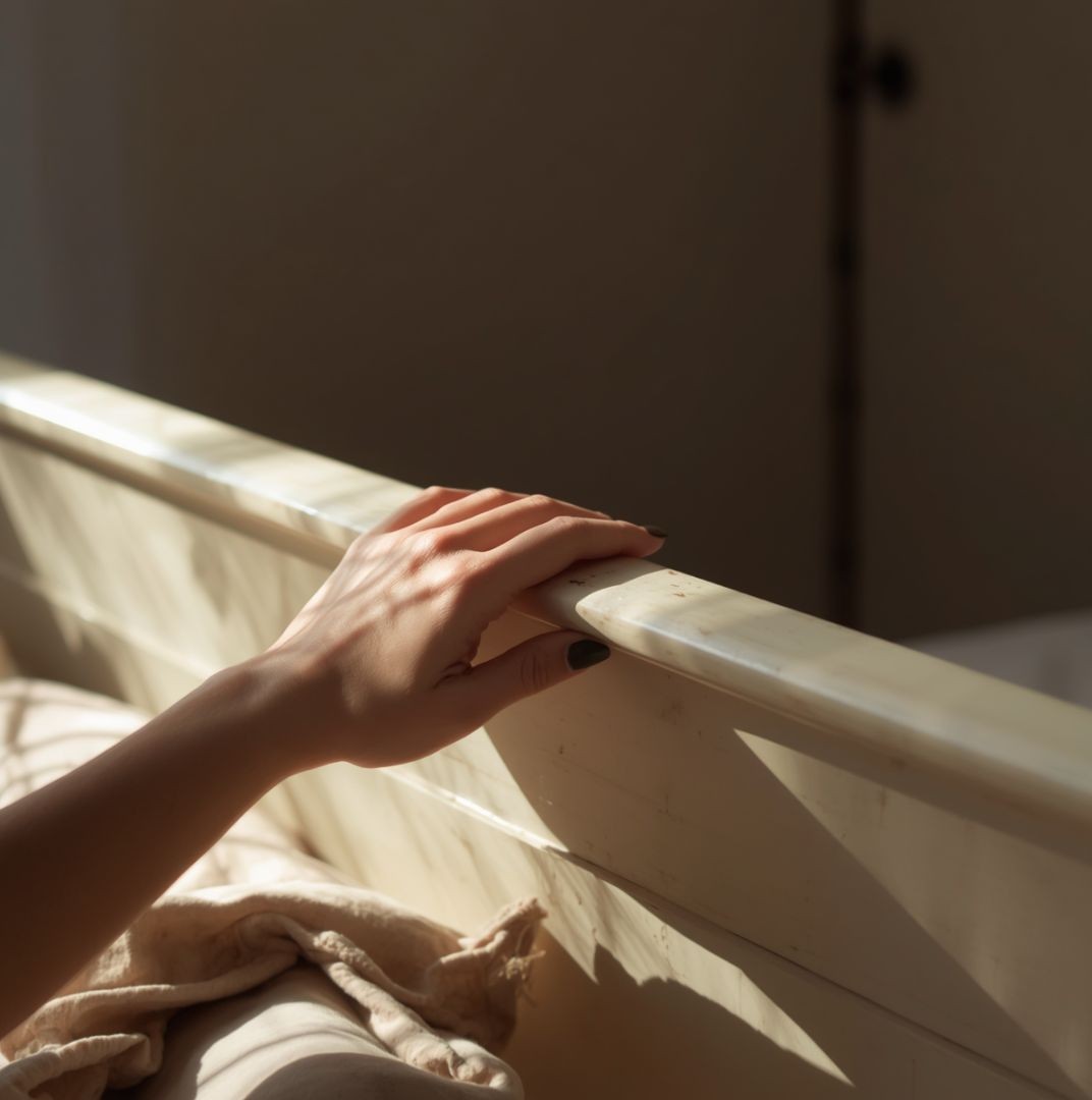 A submissive woman's hand resting on a bed frame