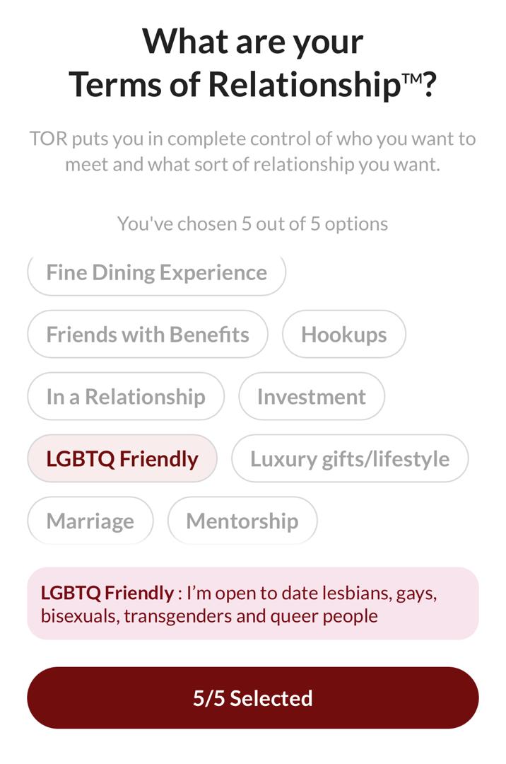 Sugarbook Terms of Relationship with the LGBTQ friendly option selected