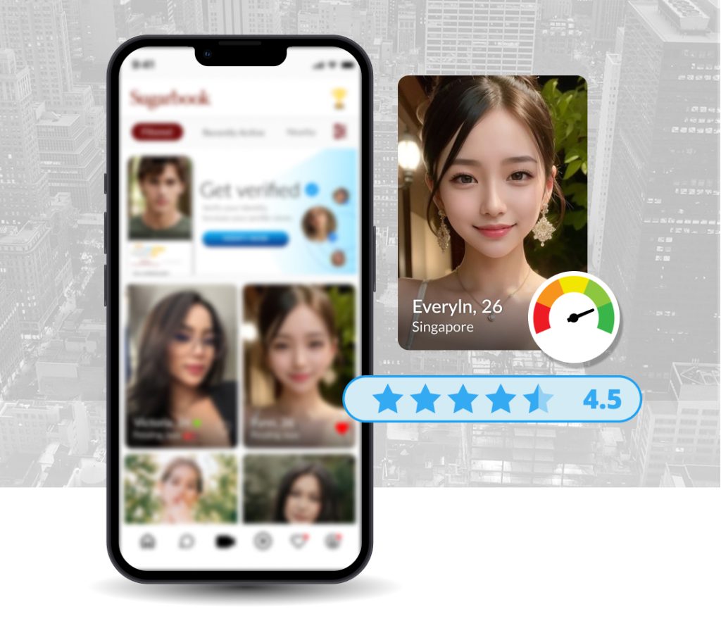 Sugarbook 已完成驗證的使用者檔案頁面,顯示真人照片與信任度評分